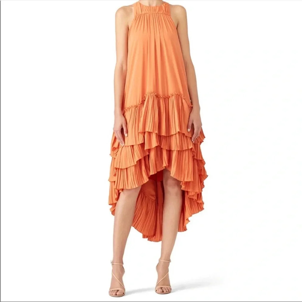 Halston Heritage Orange Tiered High Low Midi Dress